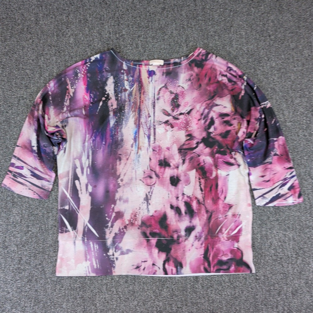 Chicos Vintage Floral Rhinestone Top Women Size 2‎ Purple Pink Poly 3/4 Sleeve